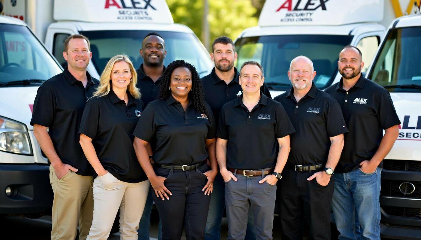 Alex Access Control Team standing in front of service trucks