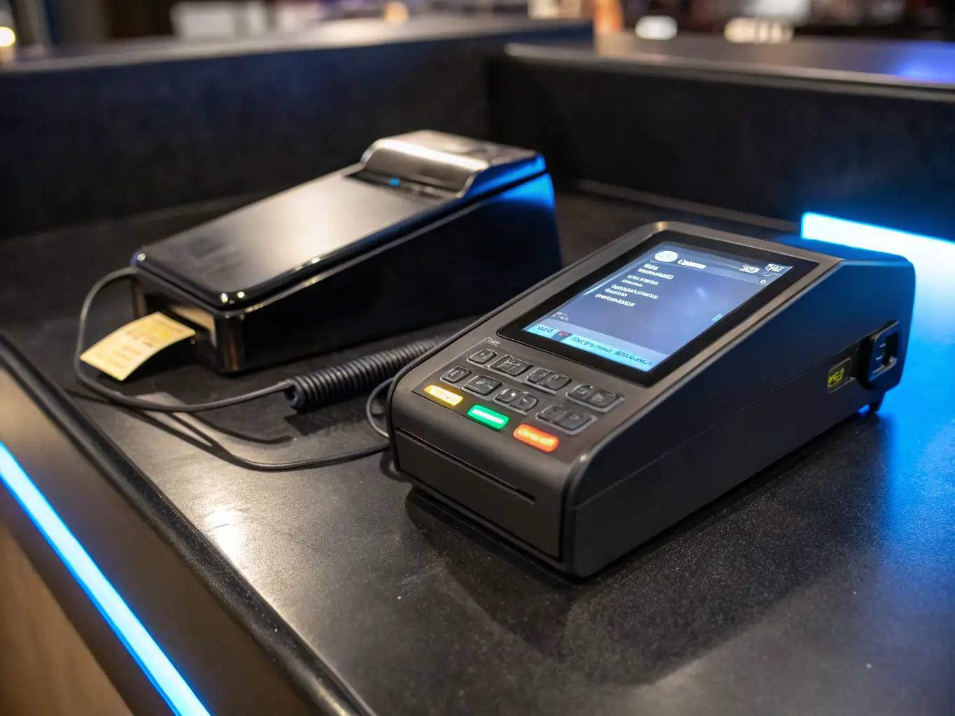 An image of a modern access control system, such as a card reader or keypad, installed at a commercial building entrance.