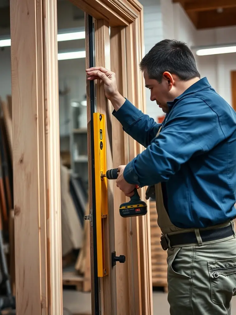 A locksmith demonstrating the installation of a robust door frame, emphasizing its importance for overall security.