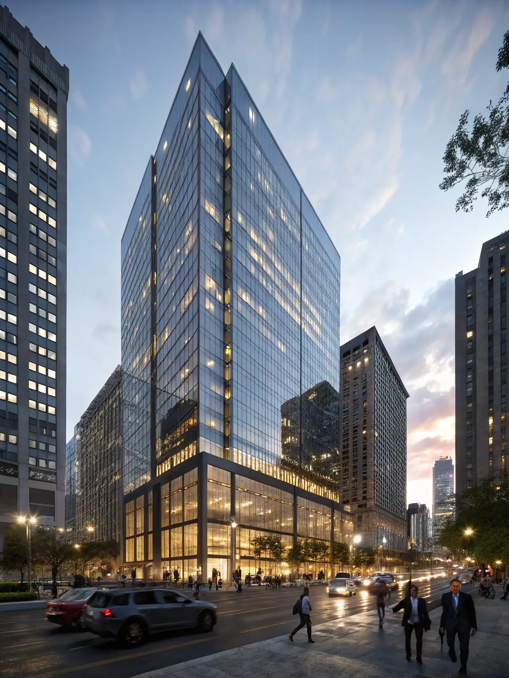 A modern office building exterior at dusk, showcasing enhanced security with visible security cameras and well-lit entrances, emphasizing the safety and protection Alex Access Control provides to businesses.