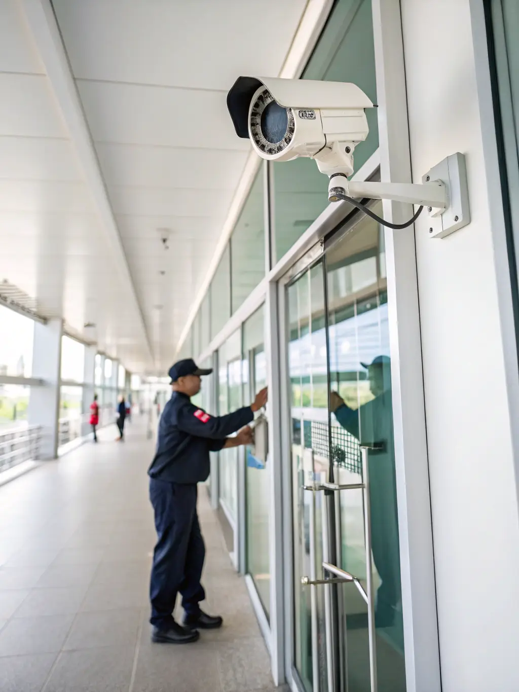 A modern office building entrance with a sleek card reader system installed on the door frame, showcasing the ease of access and enhanced security.
