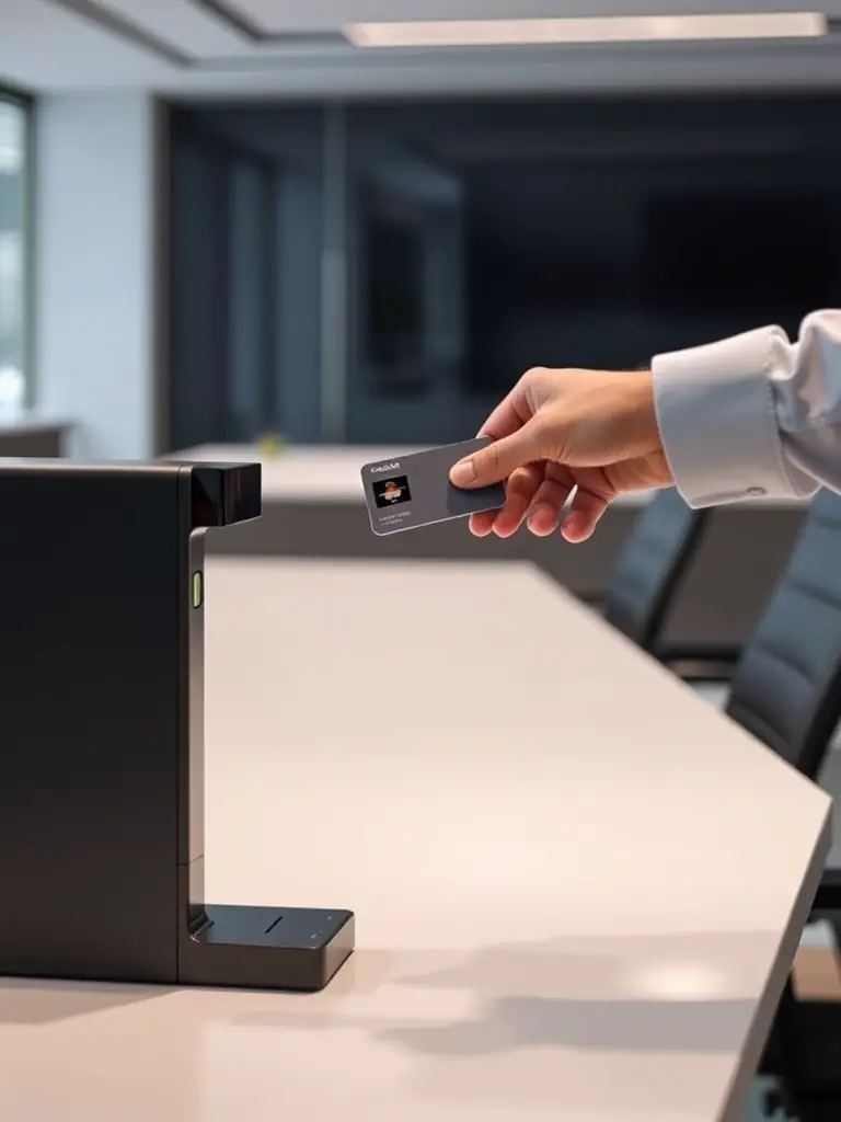 A modern card reader installed at the entrance of a commercial building, with a person swiping their access card.