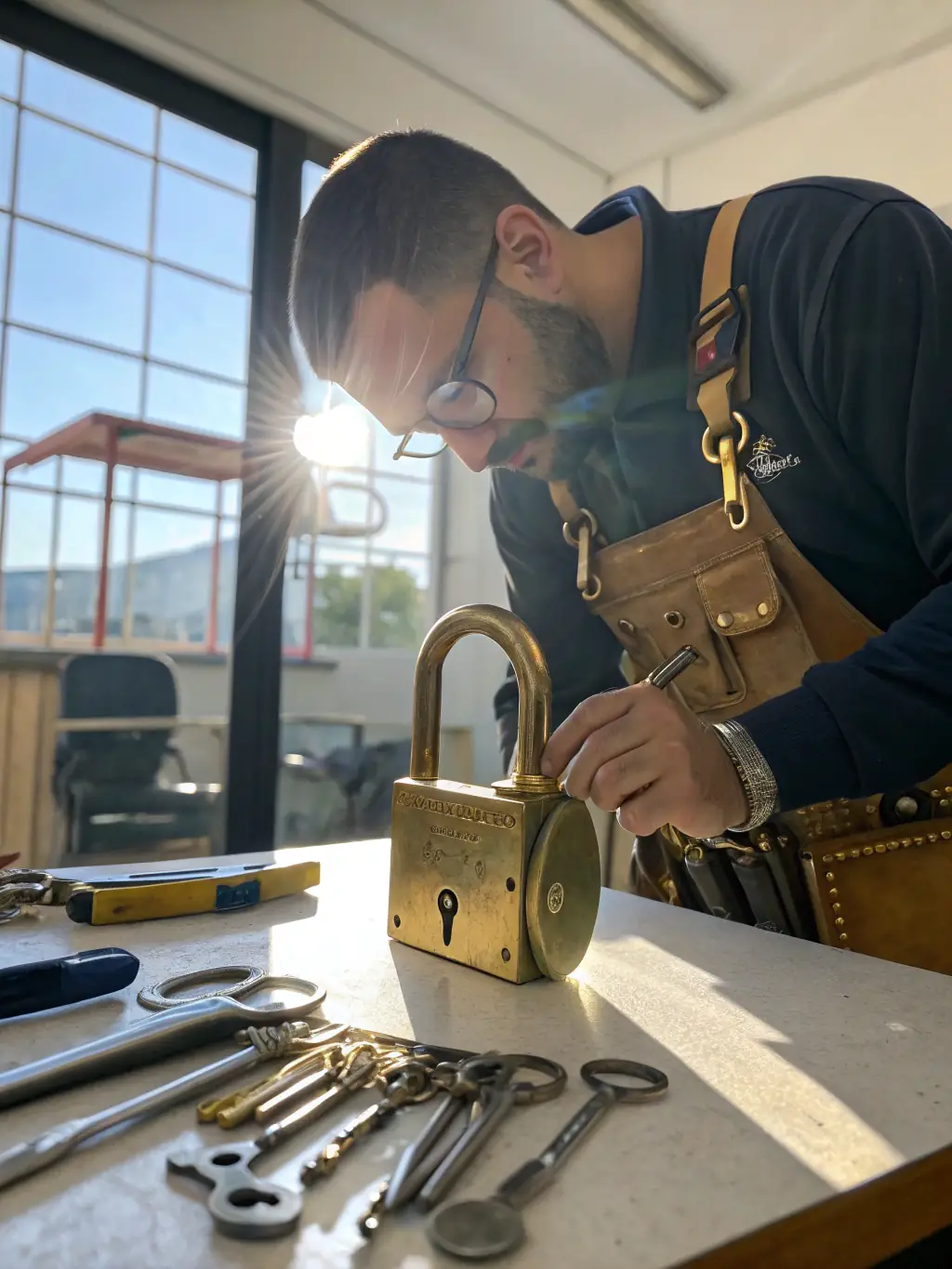 A locksmith rekeying a lock cylinder, demonstrating the process of changing the lock's internal mechanism.