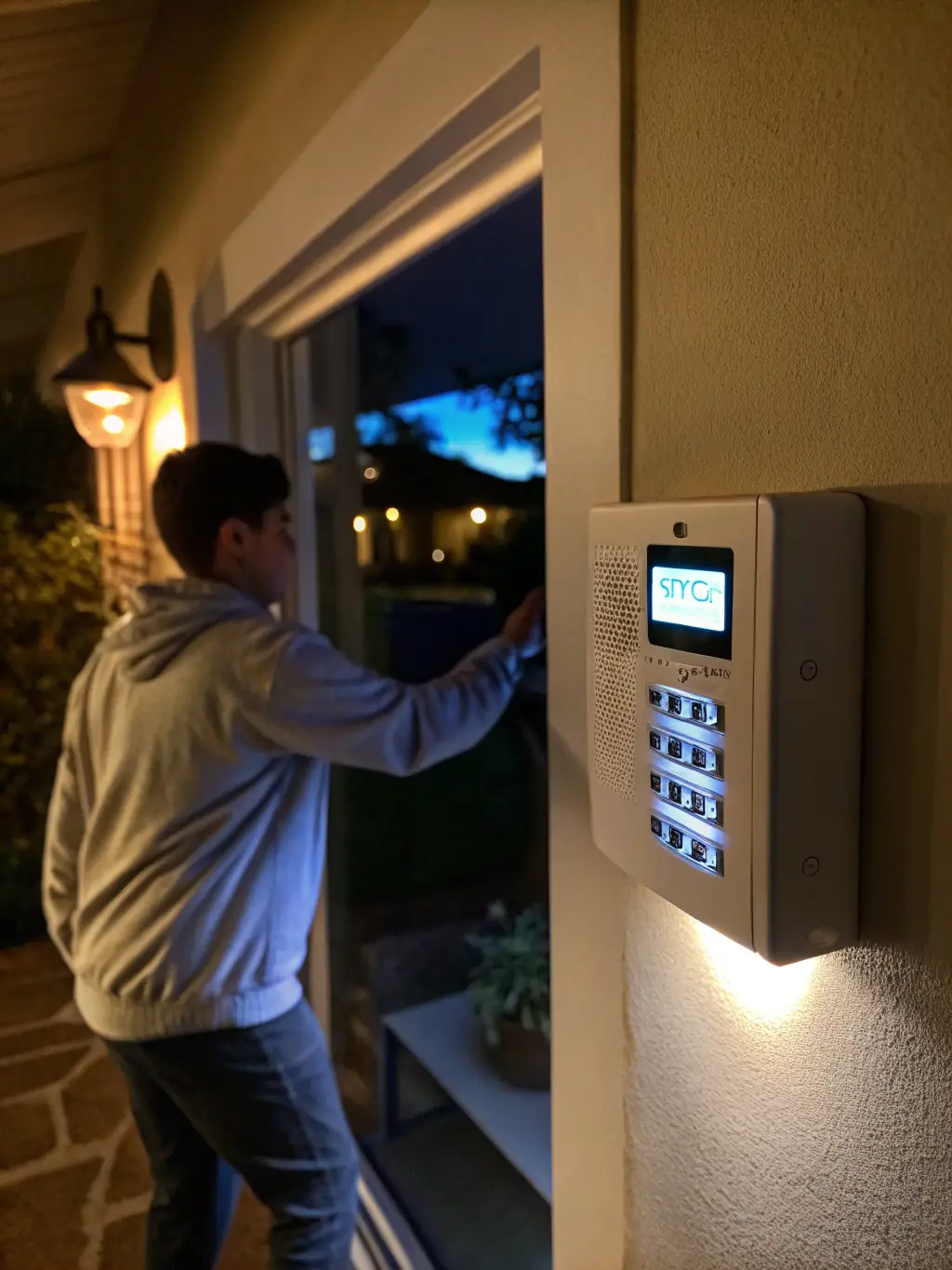 A smart lock being installed on a residential front door, highlighting its sleek design and digital keypad.