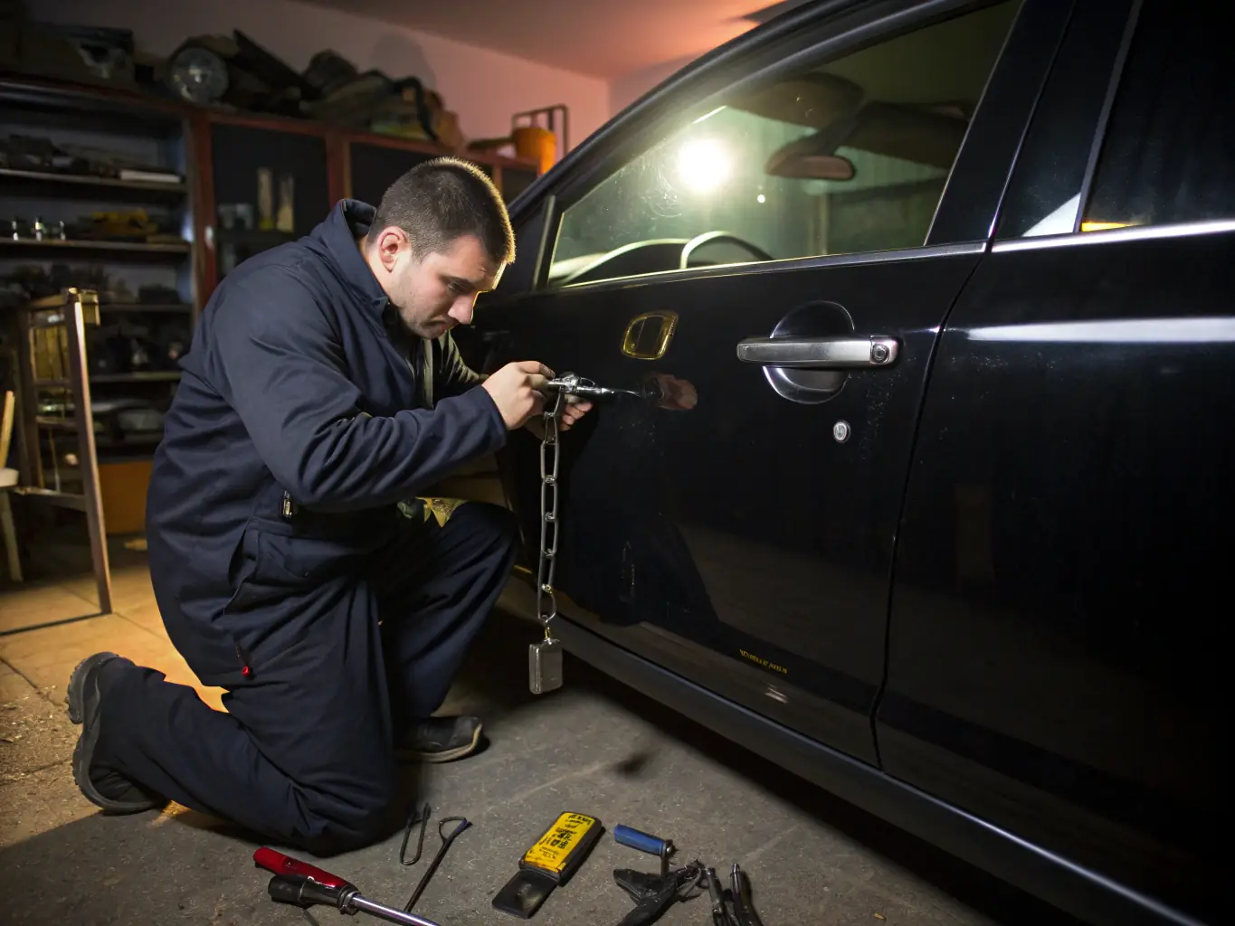 A locksmith repairing a storefront door, showcasing the precision and expertise involved in commercial door repair.