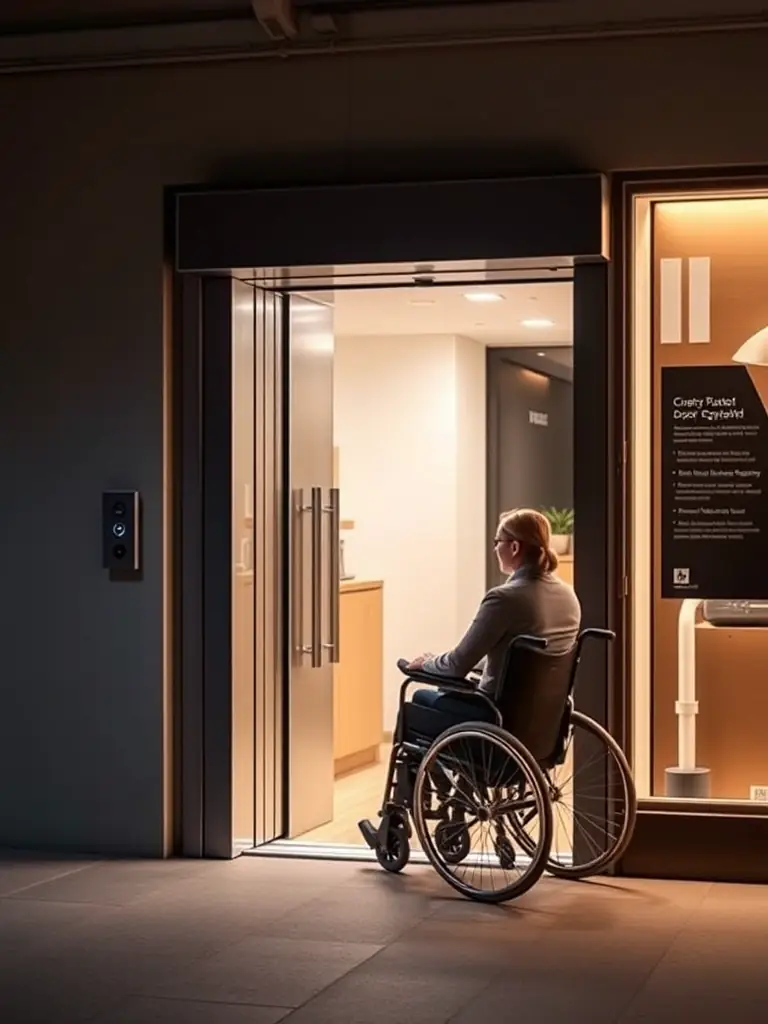 A handicap door operator installed at a commercial entrance, showing a person using a wheelchair easily entering the building.