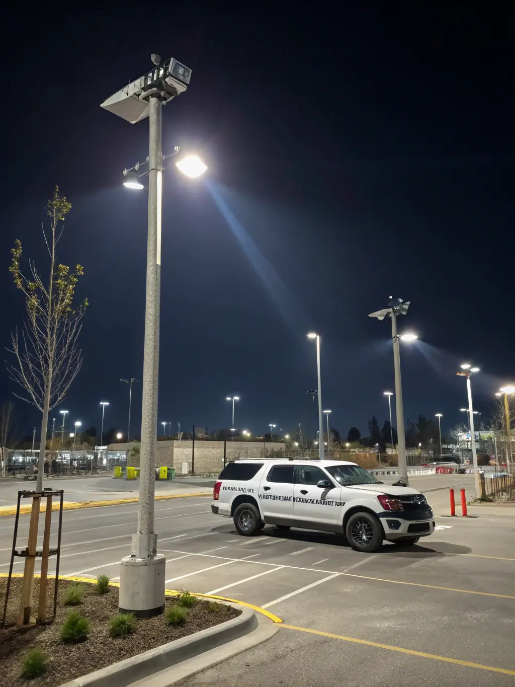 A high-resolution security camera monitoring a parking lot, capturing clear footage of vehicles and pedestrians.