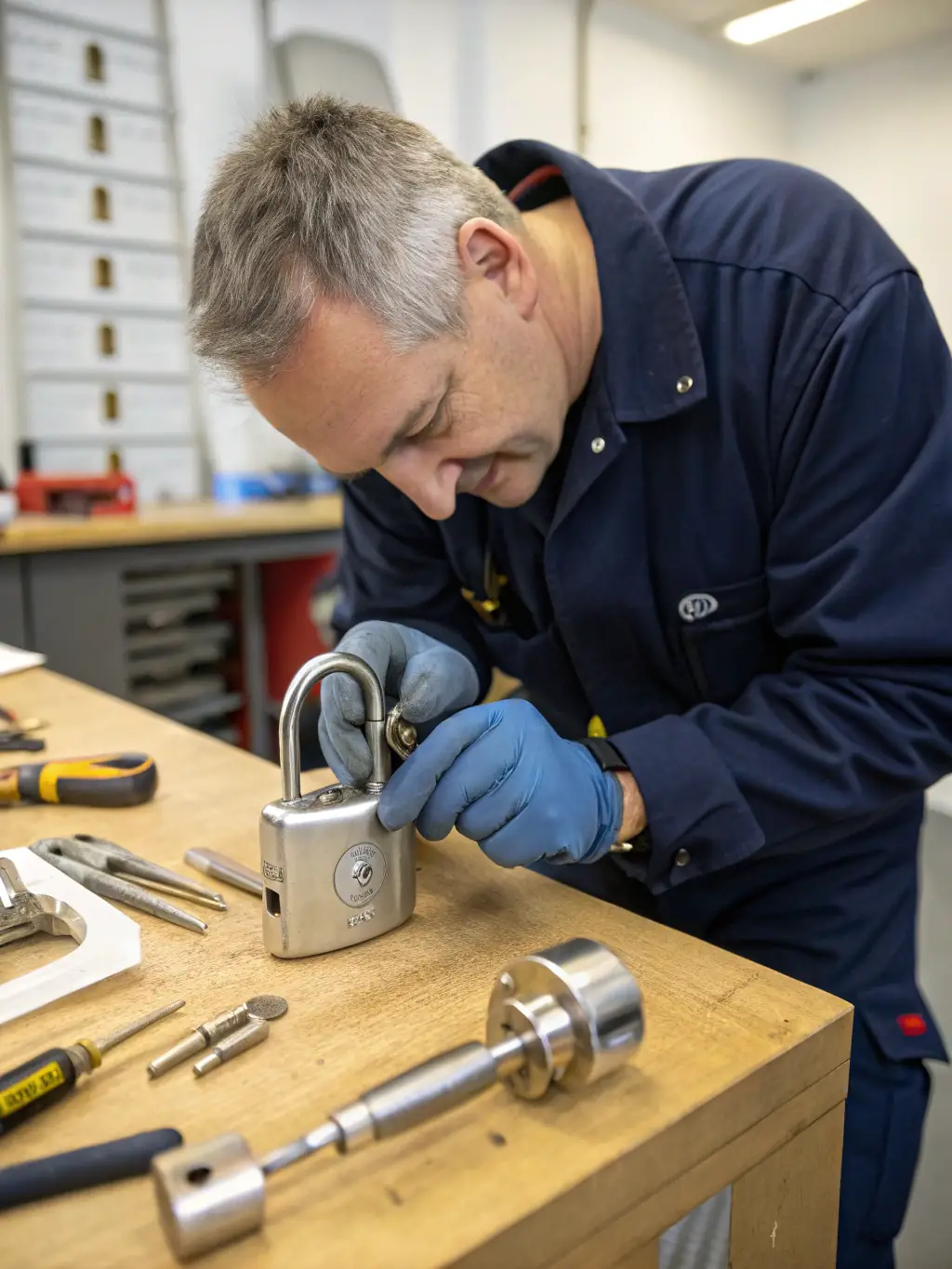 A commercial storefront door being repaired by a locksmith, highlighting the importance of maintaining business security.